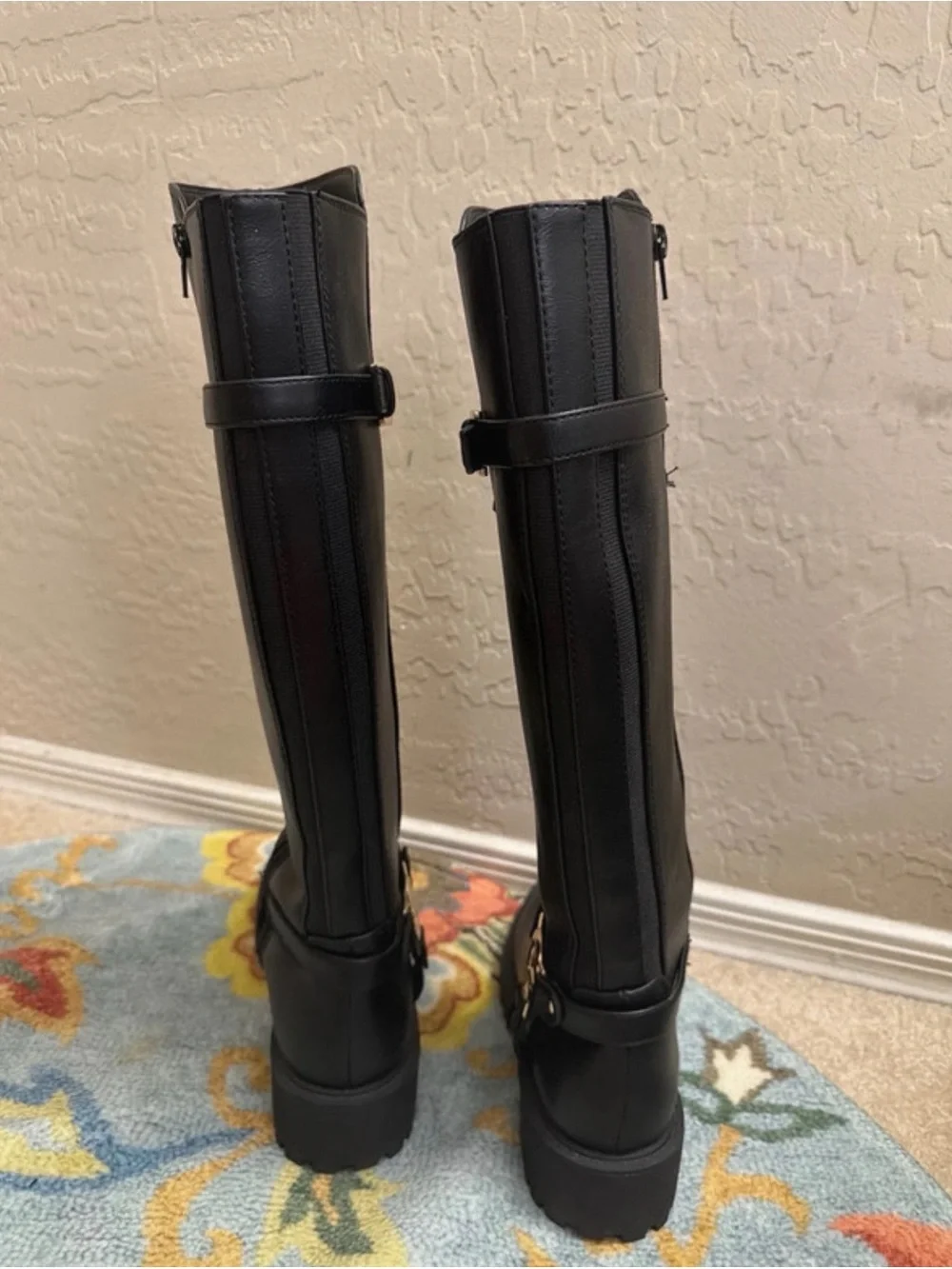 GBG Los Angeles Black Tall Riding Boots with Gold Buckle